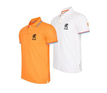 De Cappuccino Dutch Lion Polo is verkrijgbaar in oranje en wit.