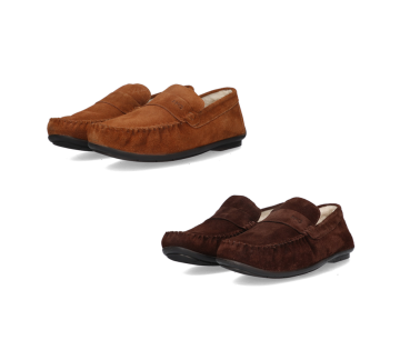 McGregor Suède Pantoffel in cognac en donkerbruin.