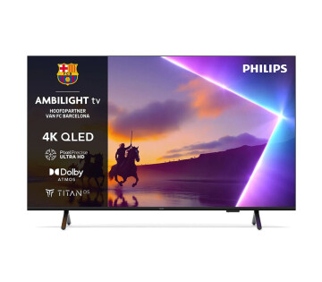 Philips 50PUS8500 Ambilight TV met 4K QLED-display, Pixel Precise Ultra HD en Dolby Atmos, weergegeven met kleurrijke Ambilight-verlichting en FC Barcelona-logo.
