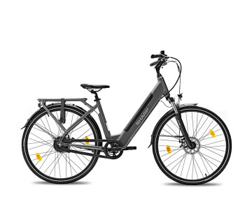 Volledig zijaanzicht van de donkergrijze Sharp BK-ED06-EB elektrische fiets met lage instap.