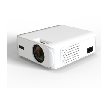 Witte Denver PR4300 4K projector schuin van voren weergegeven met compacte moderne behuizing.
