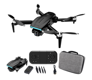 Zwarte Denver DCW-3520 drone met controller, batterij, accessoires en draagtas compleet afgebeeld.