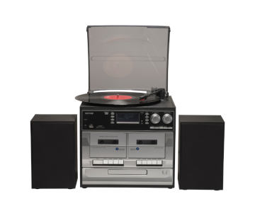 Denver MRD-166 retro platenspeler met zwarte houten speakers en ingebouwde cd-speler.
