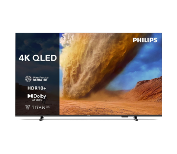Philips 43PUS7800 4K QLED televisie met dun frame en edge-standaard, vooraanzicht met 4K QLED, HDR10+ en Dolby Atmos ondersteuning.