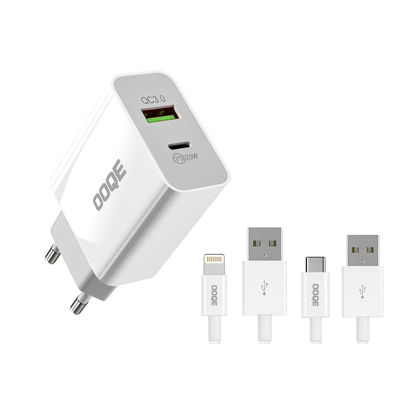 De OOQE 2-in-1 Snellader met USB-C en Lightning.