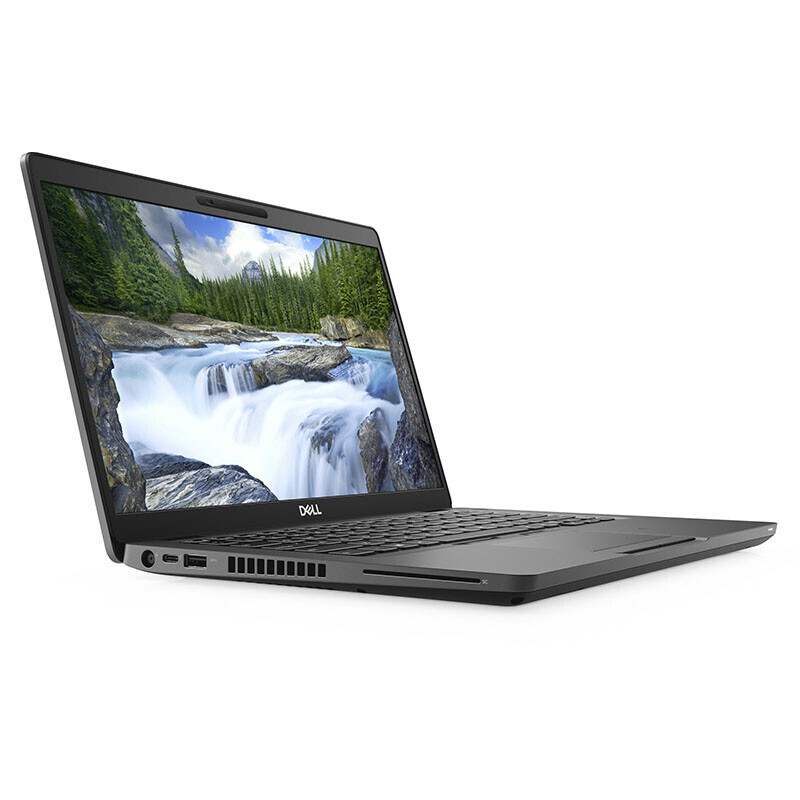 Zwarte Dell Latitude laptop schuin van voren gefotografeerd, met helder Full HD-scherm en compact ontwerp.