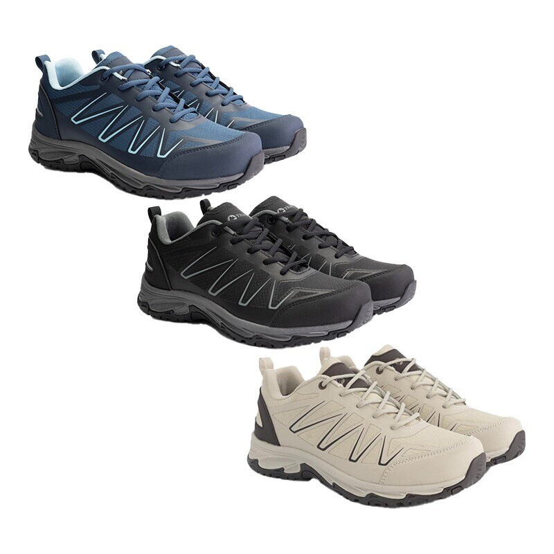 Overzicht van blauwe, zwarte en zandkleurige Travelin’ wandelschoenen voor dames en heren in verschillende kleuren.