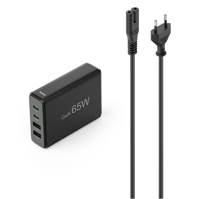 Zwarte 65W GaN-oplader met twee USB-C-poorten, twee USB-A-poorten en meegeleverde stroomkabel op een witte achtergrond.