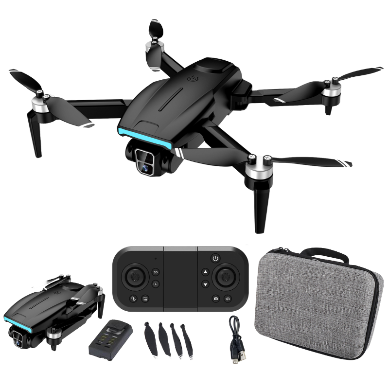 Zwarte Denver DCW-3520 drone met controller, batterij, accessoires en draagtas compleet afgebeeld.