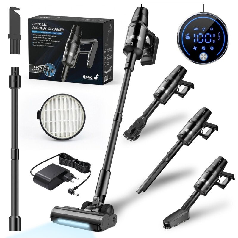 GoScrub® X680 Ultra steelstofzuiger compleet geleverd met accessoires, HEPA-filter en digitaal LED-display.