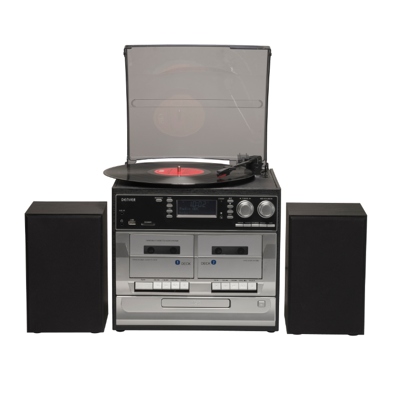 Denver MRD-166 retro platenspeler met zwarte houten speakers en ingebouwde cd-speler.
