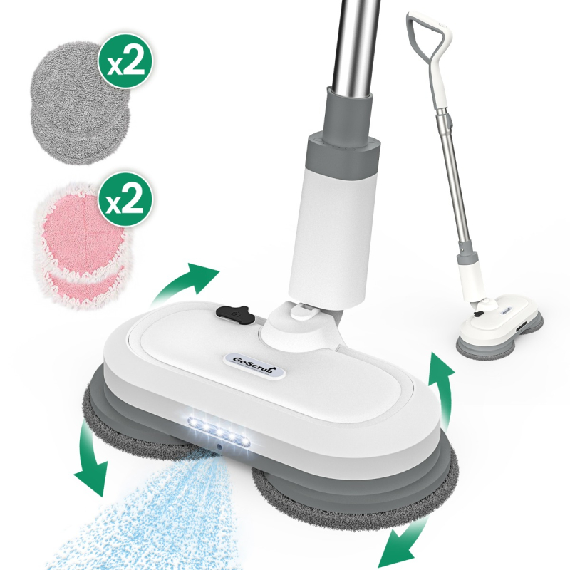 GoScrub® draadloze elektrische dweil met sprayfunctie, LED-licht en extra meegeleverde dweilpads voor grondige vloerreiniging.