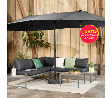 De 909 Outdoor Dubbele Parasol biedt voldoende schaduw, waardoor zelfs een hele tuinset in de schaduw kan staan. 