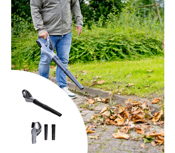 QLT Bladblazer in actie en met details van het product.