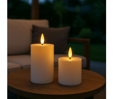 Set van 2 FlinQ Oplaadbare LED Outdoor Kaarsen in wit. Set van 2 FlinQ Oplaadbare LED Outdoor Kaarsen in wit.