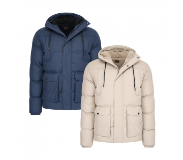 Cappuccino Gewatteerde Jas Sondrio in marineblauw en beige.