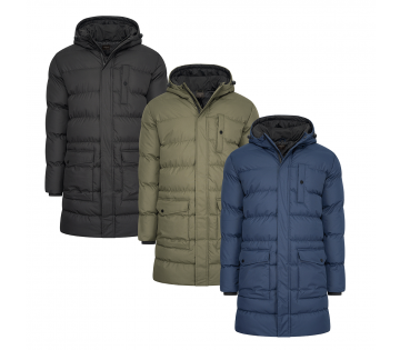 Cappuccino Gewatteerde Parka Sesto in zwart kaki en marineblauw.
