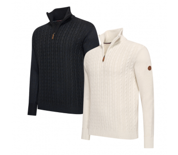 De Norlund Heren Kabeltrui met 1/4e Rits Selt in ecru en marineblauw. De Norlund Heren Kabeltrui met 1/4e Rits Selt in ecru en marineblauw.