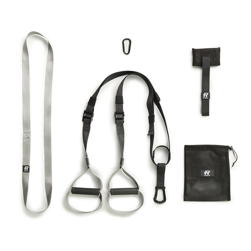 De Rebblo Suspension Trainer bevat een weerstandsband, de suspension trainer, een karabijnhaak en een opbergset. 