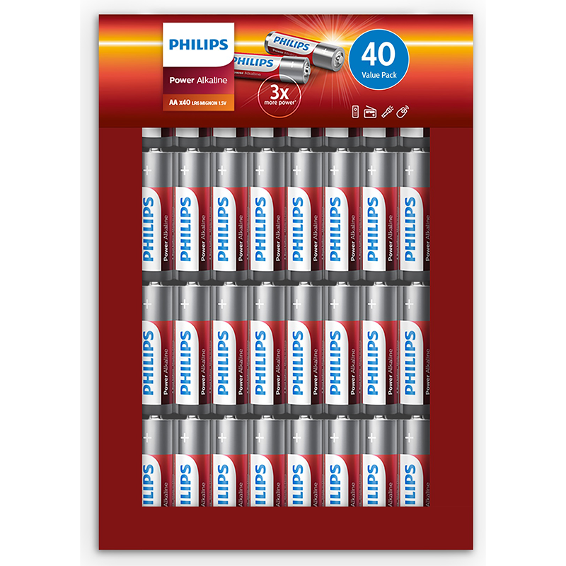 De 40 stuks Philips Power Alkaline Batterijen.