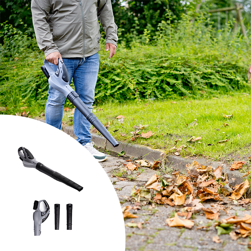 QLT Bladblazer in actie en met details van het product. QLT Bladblazer in actie en met details van het product.