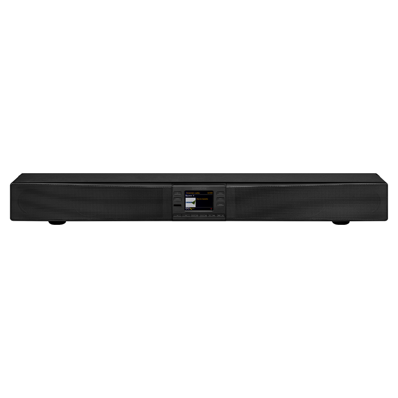 De voorkant van de Sangean SB-100 Soundbar met Afstandsbediening. De voorkant van de Sangean SB-100 Soundbar met Afstandsbediening.