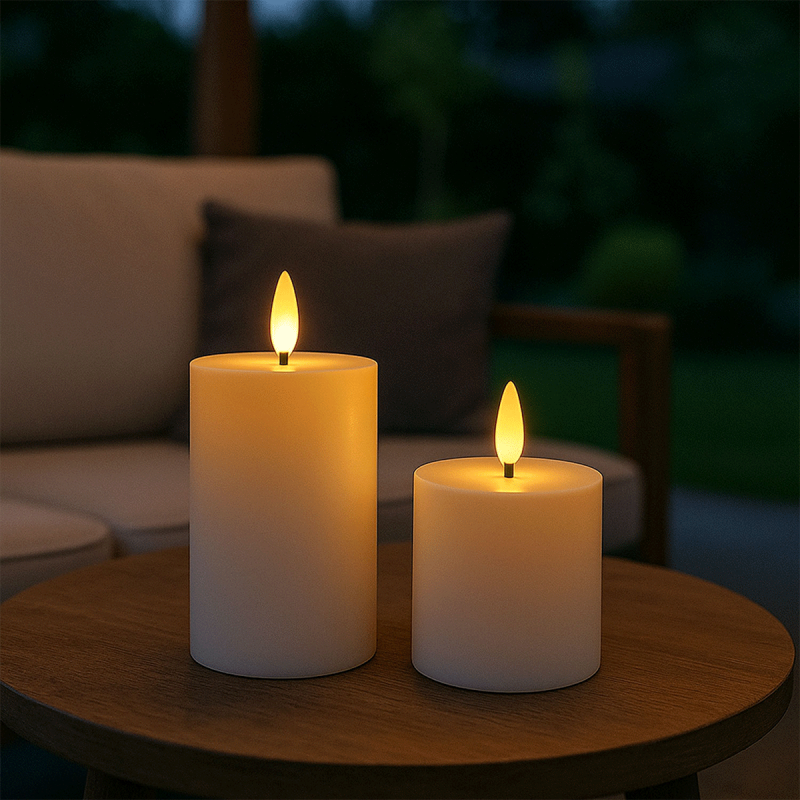 Set van 2 FlinQ Oplaadbare LED Outdoor Kaarsen in wit. Set van 2 FlinQ Oplaadbare LED Outdoor Kaarsen in wit.