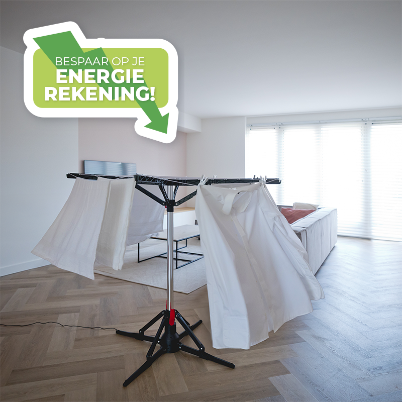 Elektrische ronddraaiende droogmolen van Nexxt volledig uitgeklapt met roterende droogarmen.