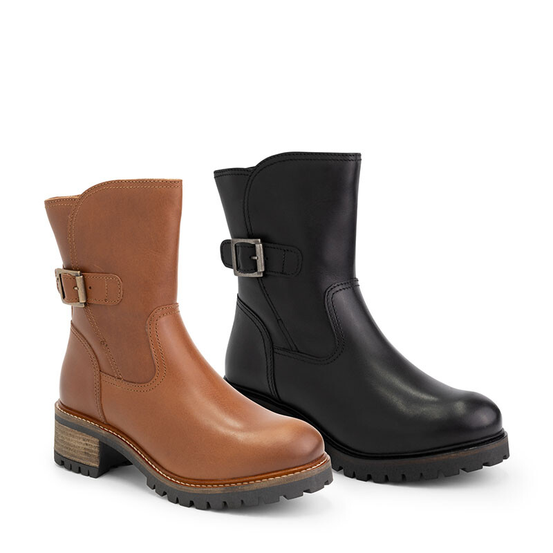 Mysa Dames Laarzen Lily in cognac en zwart, kuithoog model van echt leer met gespdetail, rits en warme wolvoering.