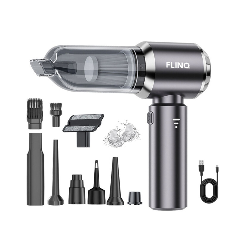 FlinQ Handheld Vacuum Cleaner V3 met complete set accessoires en USB-C kabel.