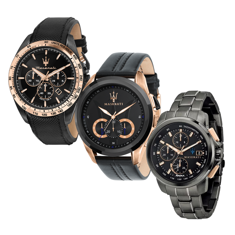 Het Maserati Herenhorloge in drie verschillende kleuren. Het Maserati Herenhorloge in drie verschillende kleuren.