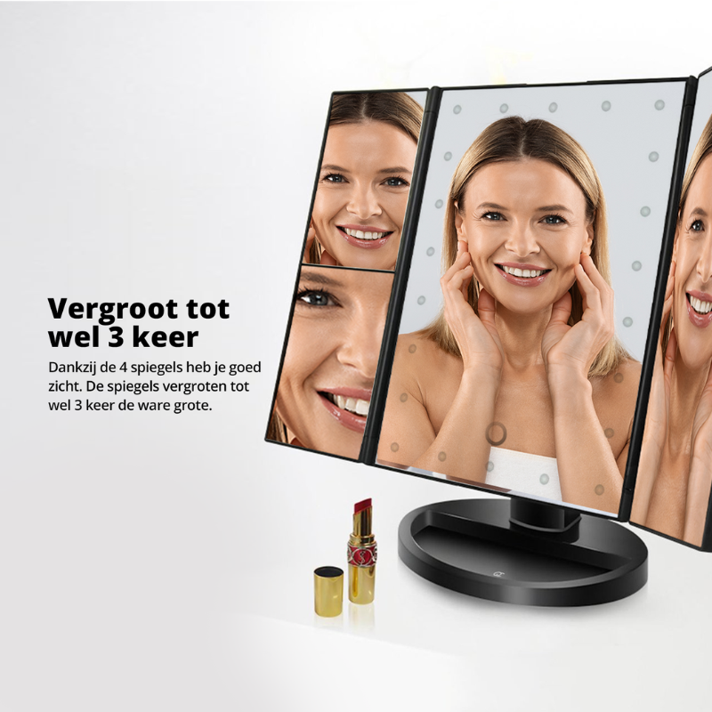 De spiegels vergroten tot wel 3x de ware grote. 