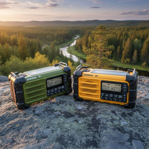Sangean SDR-900 DAB+/FM Premium Noodradio groen en geel in natuur &ndash; outdoor gebruik.