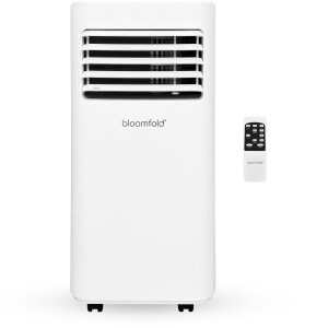 Witte mobiele airco van Bloomfold met meegeleverde afstandsbediening