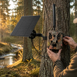 Denver WSL-8050 camouflage wildcamera met zonnepaneel en 4G-antenne voor buitengebruik.
