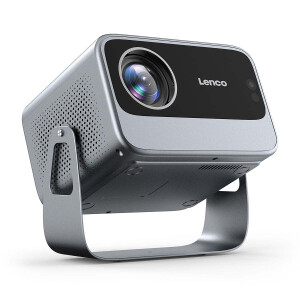 Schuine onderaanzicht van de Lenco projector met metalen standaard en lensdetail