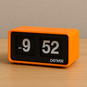 Oranje Denver CR-425 retro wekkerradio met flipklok en duidelijk display op witte achtergrond.